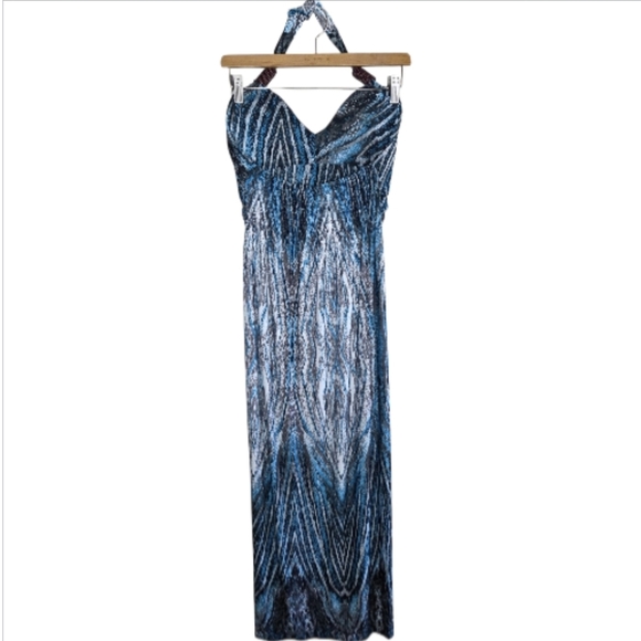 NWT Shoreline | Blue & Gray Print Halter Style Maxi Dress Wood Bead Strap Detail - Picture 6 of 8